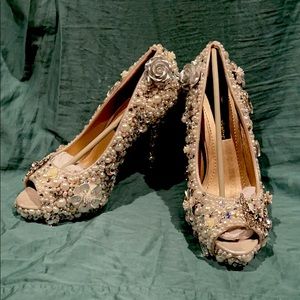 Hand beaded peep toe bridal heels
